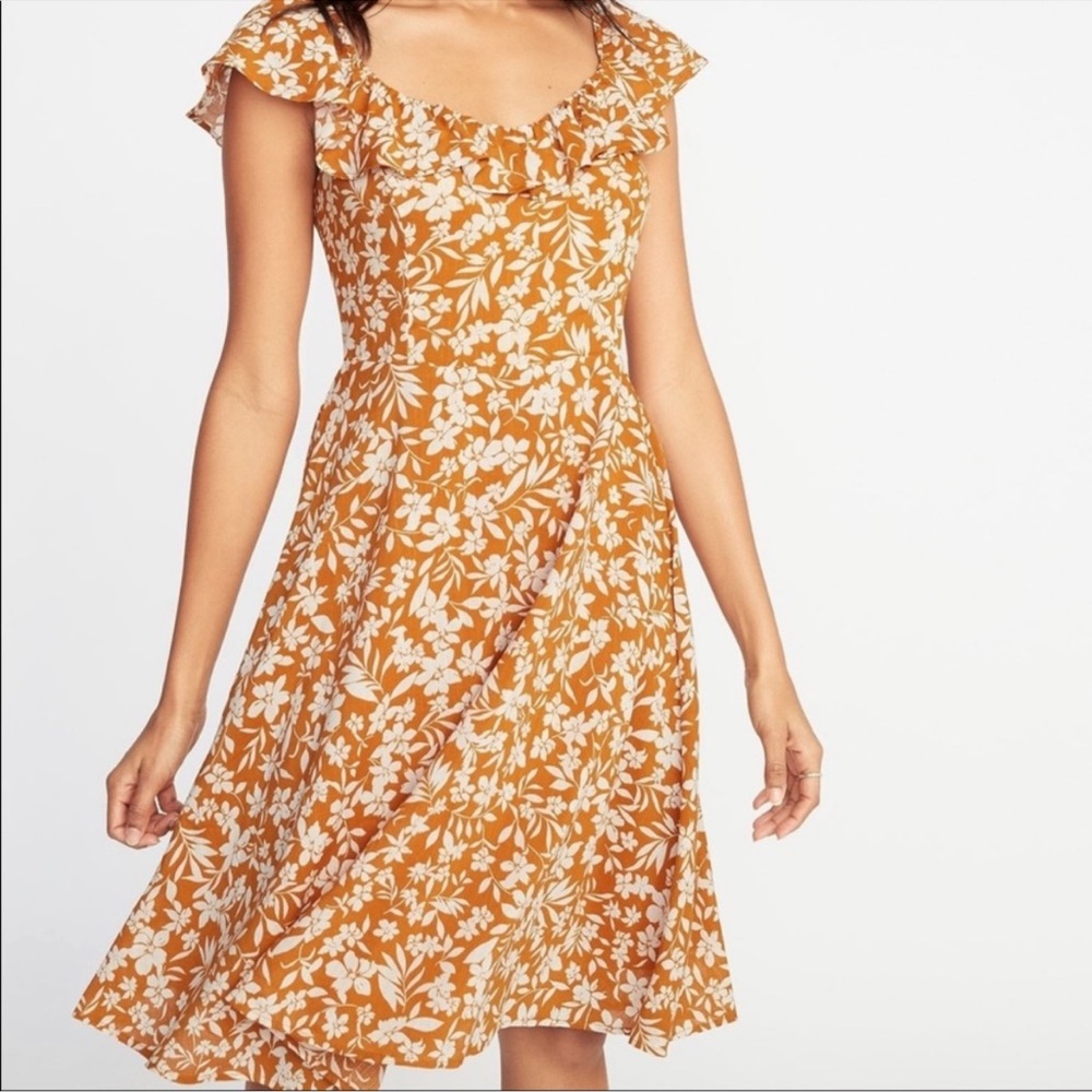 Old Navy yellow gold floral ruffle flutter cami midi dress Sz M boho chic